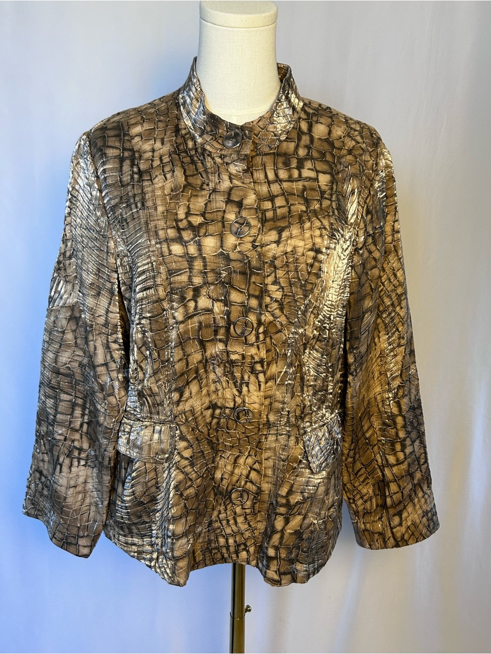 Chico's Metallic Gold Faux Crocodile Textured Button Front Jacket Size Large/2